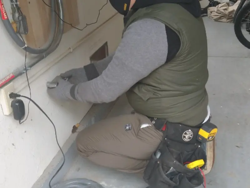 Electrician performing outlet wiring in a Rotonda garage